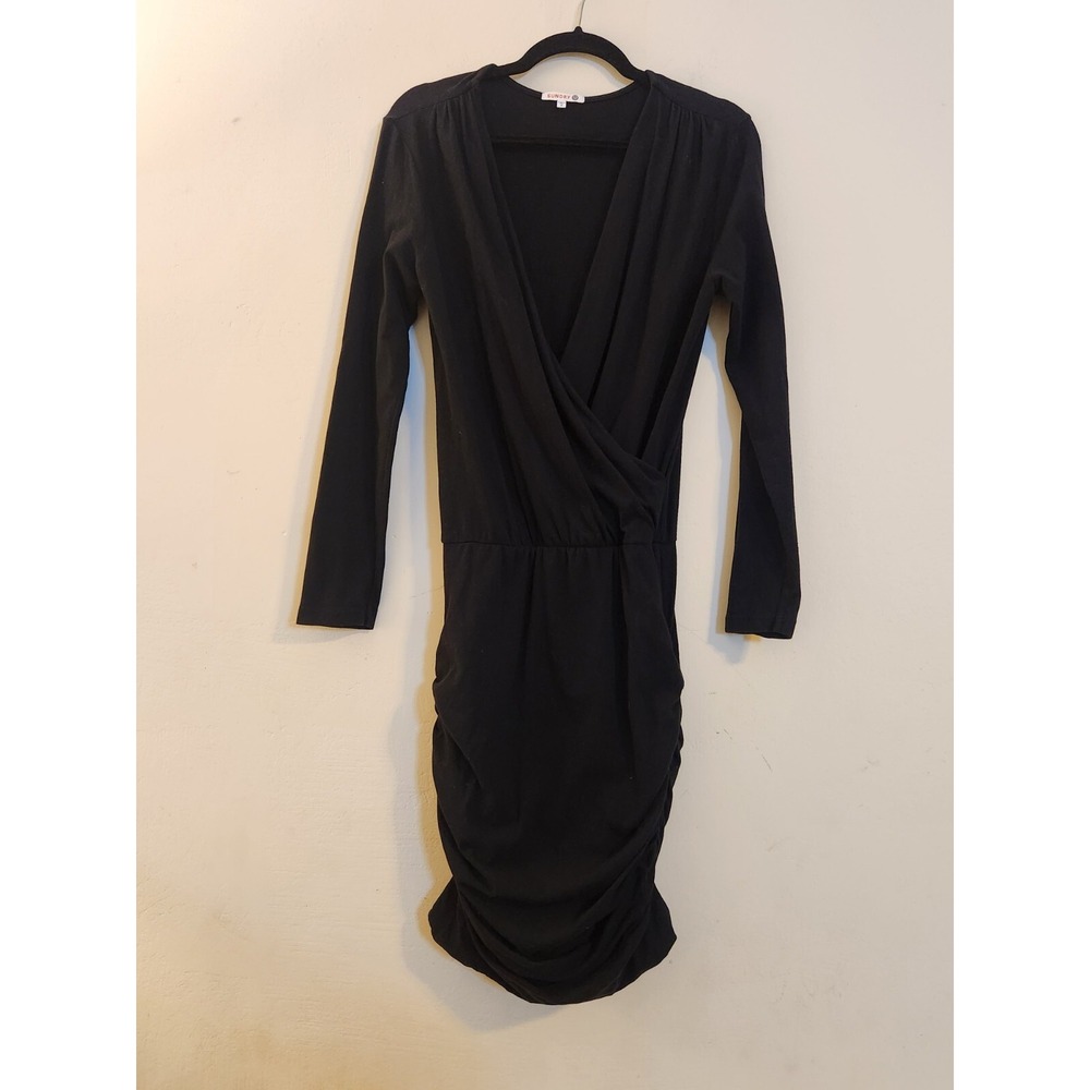 Sundry Black Long Sleeve Ruched Wrap Dress Size 2 Made in USA Surplice V-Neck